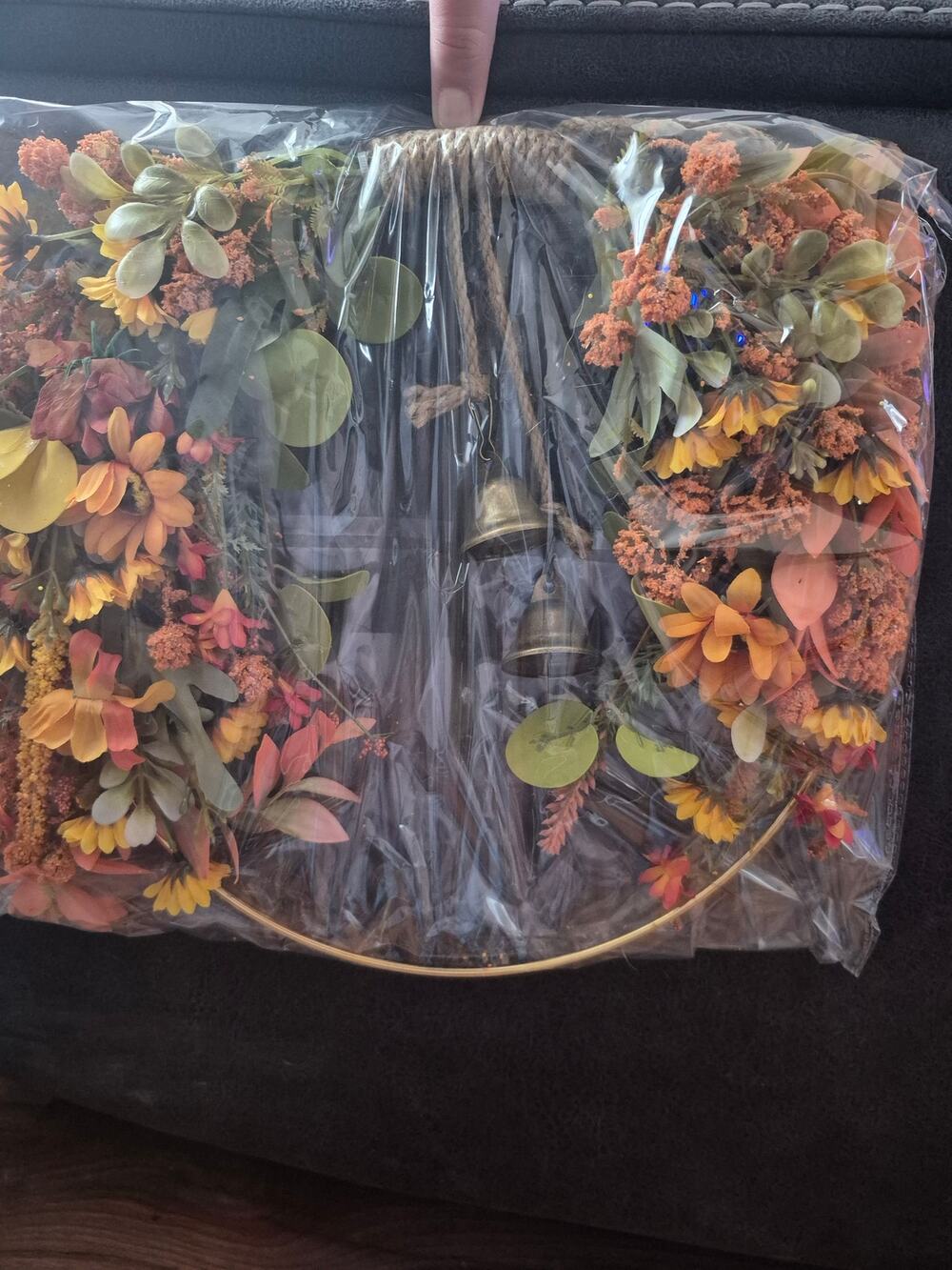 Autumn Hoop Wreath with Brass Bells Fall Floral Door Decor Rustic Farmhouse s16